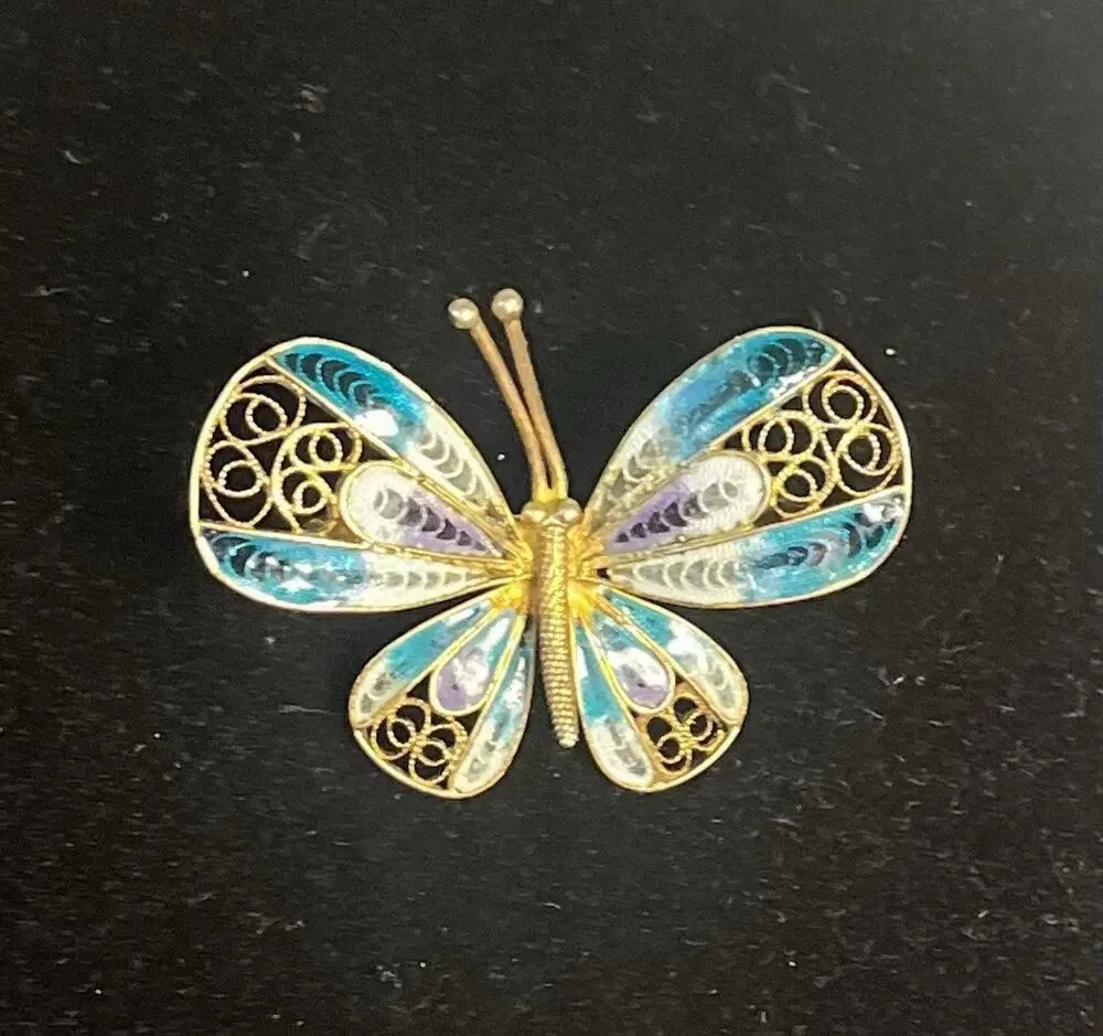 Vintage 800 Silver Filigree Enamel Butterfly Brooch Pin Blue Purple Gold Tone